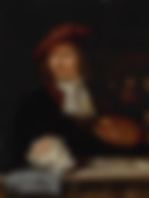 A PORTRAIT OF AN ARTIST WEARING A RED HAT, HALF LENGTH, BEHIND A LEDGE  (preview)