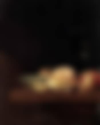 Bread roll, peaches, orange, lemon, dish with nuts on shelf (preview)